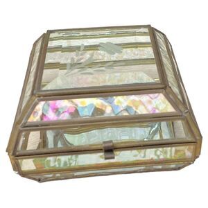 Vintage Iridescent Glass Brass Jewelry Box  Hinged Mirror Etched Floral